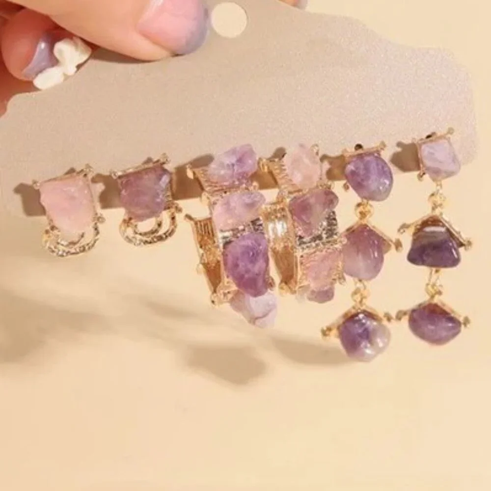 Amethyst Purple Natural Stone‎ Trio Earring Set